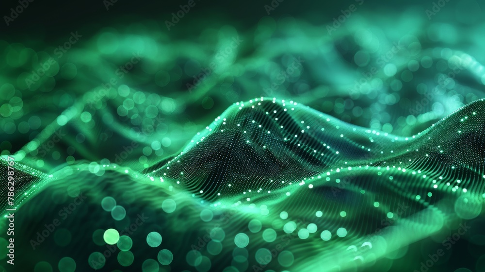 Poster An abstract technology big data digital background with dots made from green waves. 3D rendering.