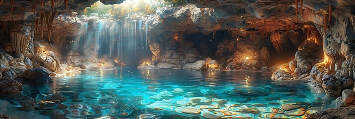 An underground cave filled with glowing bioluminescent mushrooms and crystal-clear pools of water - obrazy, fototapety, plakaty