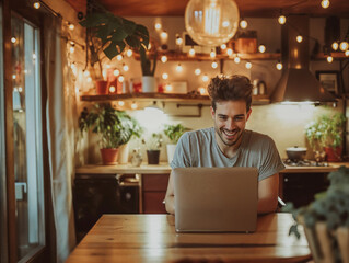 Young man using a laptop and smiling at home, looking at the screen in a trendy modern apartment. The man sitting by the table is working on a laptop computer.