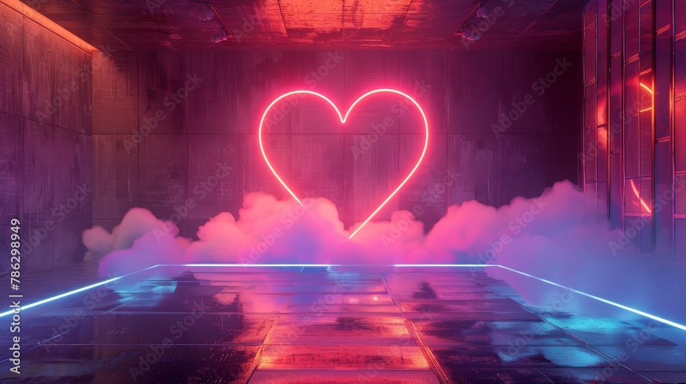 Poster a futuristic modern stage with glowing neon heart shapes and clouds. 3d render.