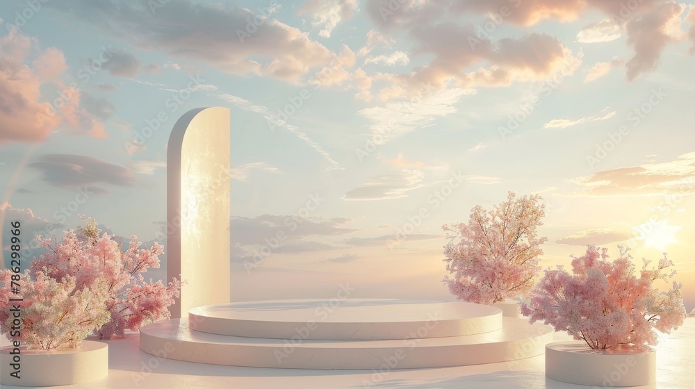 Poster beautiful podium backdrop from the natural world with a dreamy sky background. romantic 3d scene...