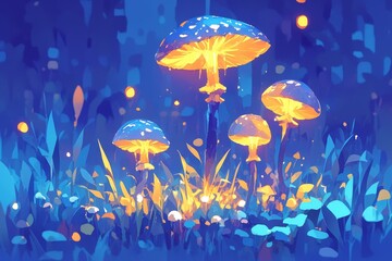 Glowing mushrooms in the dark, fantasy illustration  - obrazy, fototapety, plakaty