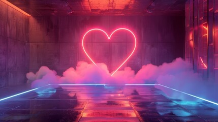 A futuristic modern stage with glowing neon heart shapes and clouds. 3D render.