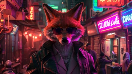An electric blue fox in a suit and sunglasses is on a city street - obrazy, fototapety, plakaty