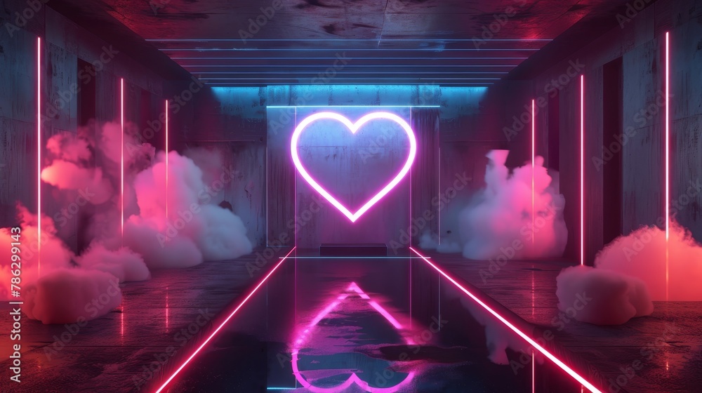 Poster This is a futuristic modern empty stage with a glowing neon heart shape and cloud in the background. It is a 3D rendering of a futuristic modern stage.