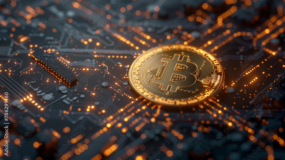 Poster An image of bitcoins blockchain crypto currency digital encryption, digital money exchange, technology global network connections on a background of 3d rendering.