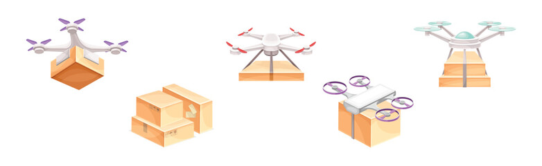 Drone Carrying Cardboard Parcel Box to Point of Destination Vector Set