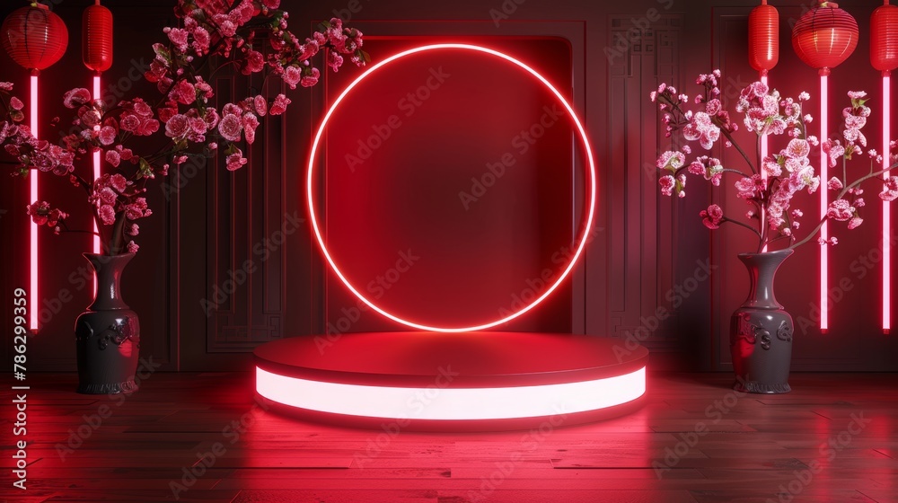 Poster an exhibition background with a podium and neon light for showcasing products in 3d.