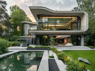 Rolgordijnen New home with pool, trees, and modern design blending into natural landscape © Jahid