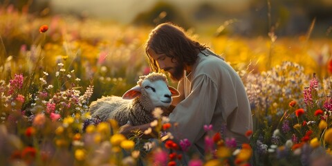 A moment of joy and reunion in a serene pastoral landscape with Jesus embracing a calm sheep amid a...