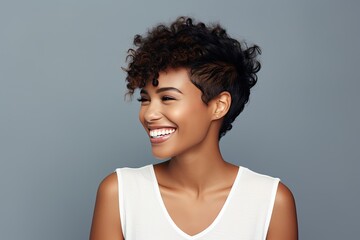 Beautiful black woman smiling and having in studio shot. - obrazy, fototapety, plakaty