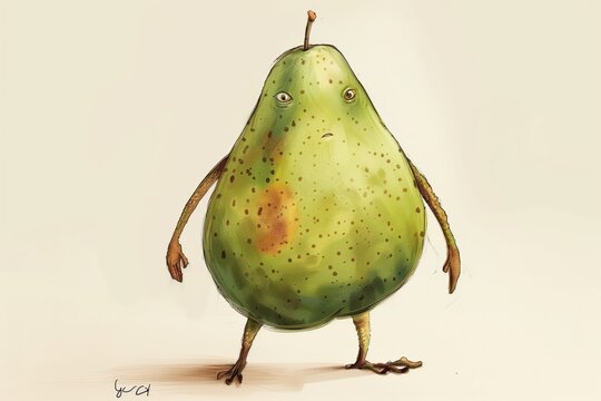 A cartoon pear with legs and arms poses against a wall background