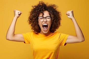 Ecstatic woman shout loud yeah fist up raise win lottery isolated bright shine color background