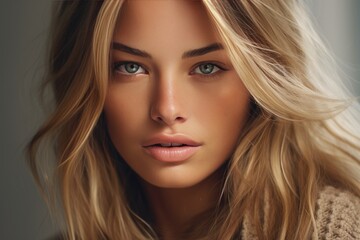 Closeup portrait of young happy woman looking in camera