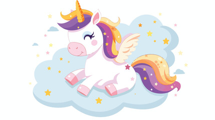 Fabulous cute unicorn sitting on a cloud isolated