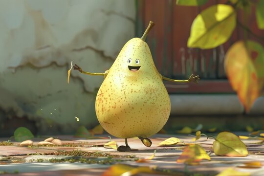 A cartoon pear with legs and arms poses against a wall background