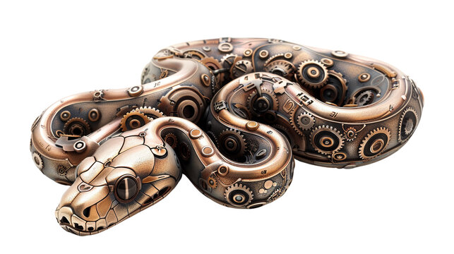 python crafted from polished brass, its sinuous body adorned with delicate engravings. This steampunk snake slithers through the gears and pistons of a mechanical world