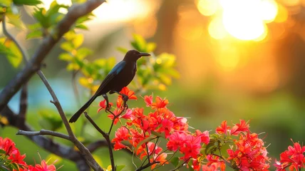 Fototapeten Erythrina red flowers and a black single asian koel cute bird with green nature sunset copy space background. © PrettyStock