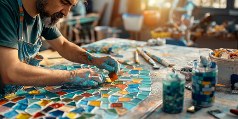 Artisans creating art from upcycled materials in a studio filled with natural light, casting soft shadows on the colorful mosaics made from recycled glass. , natural light, soft sh - obrazy, fototapety, plakaty
