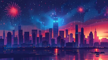 City night scene with fireworks