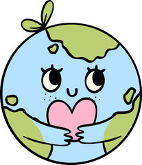Retro Earth Day planet with heart Pastel Doodle Drawing Cartoon  - obrazy, fototapety, plakaty