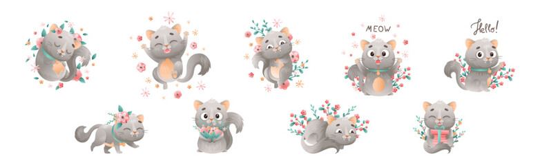 Cute Grey Kitten with Pretty Snout with Flowers Vector Set