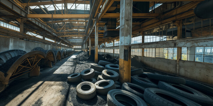 A view inside a tire recycling plant, where old tires are processed into rubber mulch. The facility is lit by skylights, with soft shadows underlining the transformation process. ,