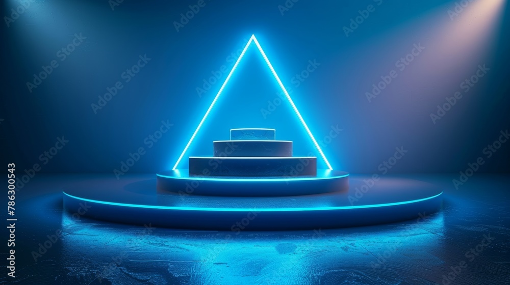 Poster 3d Futuristic Podium for technology product display on blue background with triangular-shaped lighting. Cylinder podium modern for gadgets, devices, cellphones, laptops, etc.