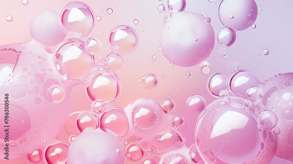 Leinwandbilder Fashion backdrop with white cream liquid blobs and soap bubbles. Gradient balls with soft pastel colors.