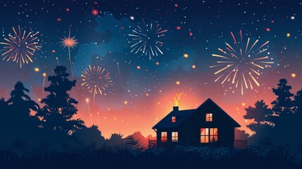 In the night sky, fireworks illuminate the countryside landscape