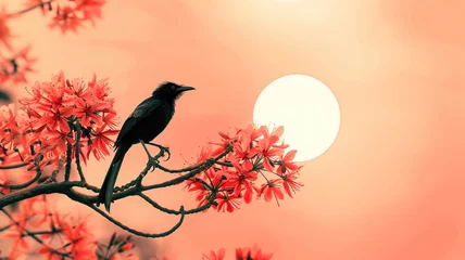 Fototapeten Illustration of erythrina red flowers and a black single asian koel bird with sunset copy space background. © PrettyStock