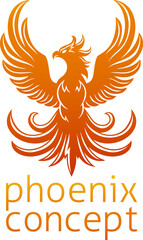 A phoenix fire bird from mythology rising with its wings spread