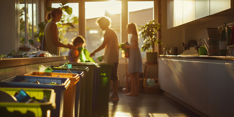 A family sorting their waste into various recycling bins in their home’s utility area, the morning light casting soft shadows on the bins labeled for glass, paper, plastics, and or