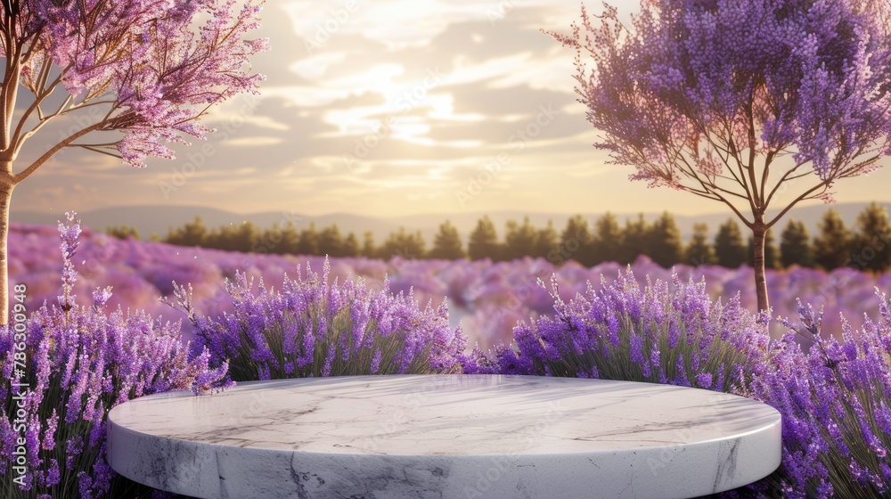 Poster A 3D rendering of a spring lavender field set against a natural beauty podium backdrop.