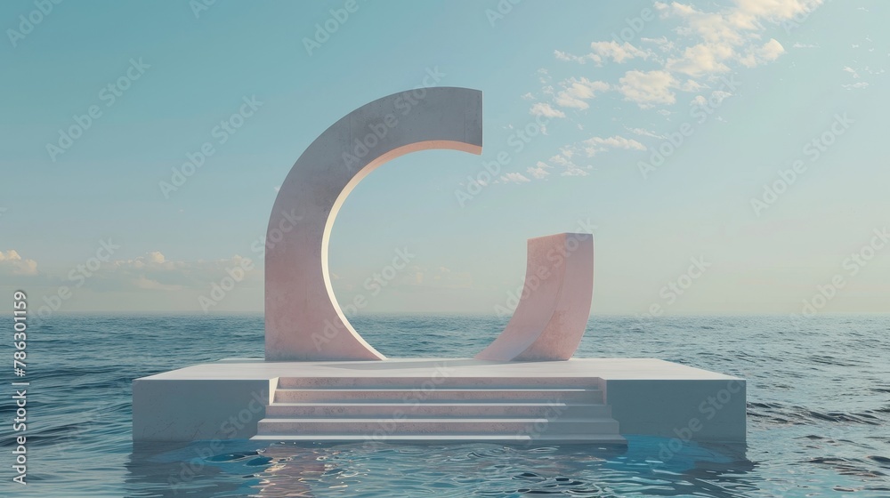 Poster typical summer scene with geometric shapes, arches with podiums in natural daylight. sea view. 3d re