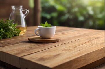 A bottle essential oil and plant in little cap on wooden surface surrounded by green leaves, which adds a natural and calming atmosphere to the scene. AI generated