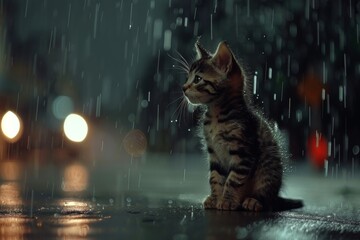 Lonely stray kitten seeking shelter in the rain, hoping for pet adoption, rescue, and charity help - obrazy, fototapety, plakaty