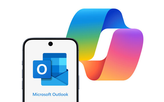 Microsoft Outlook Logo is displayed on a modern smartphone, Copilot logo in the background, artificial intelligence, support, integration, email, functions as calendaring, task managing, notes