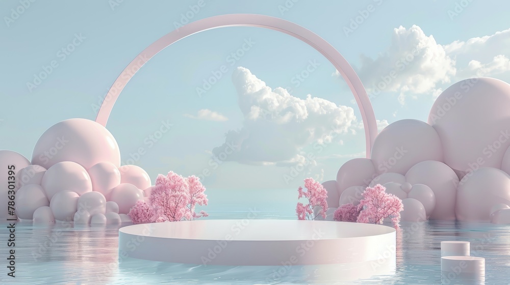 Aufkleber A romantic 3D seascape backdrop for product display with a cloud and arch. A natural beauty podium backdrop for product display with a cloud and arch frame.