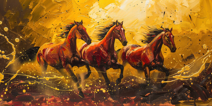 Beautiful red 3 horse running in the wind with yellow oil painting and splashes of gold paint background with abstract waves and golden color dots.