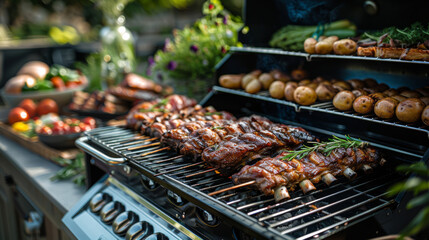 Friends gathered around a patio BBQ grill. The grill overflows with an assortment of delicious burgers, ribs bursting with flavor, and an array of baked potatoes.	 - obrazy, fototapety, plakaty