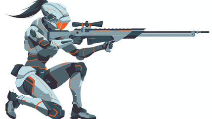 Female sniper shooter in robot outfit flat vector isolated