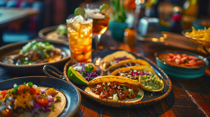 Authentic Mexican Tacos: Vibrant Image of Traditional Tacos with Fresh Ingredients and Colorful Salsas. Generative AI. - obrazy, fototapety, plakaty