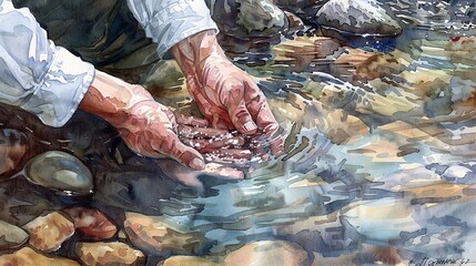 Watercolor, Stream water testing, close up, scientistâ€™s hands, pristine stream  - obrazy, fototapety, plakaty