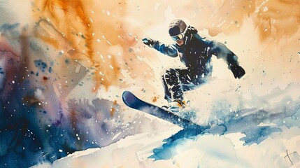 Watercolor, Snowboarder jumping, close up, low angle, backlight, snow dust - obrazy, fototapety, plakaty
