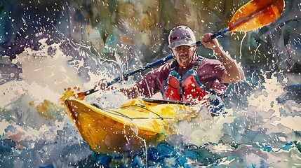 Watercolor, Kayaker in rapid waters, close up, front view, spray, vivid colors - obrazy, fototapety, plakaty