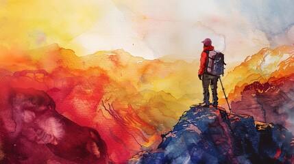 Watercolor, Hiker on peak, close up, over shoulder view, sunset, wide lens - obrazy, fototapety, plakaty