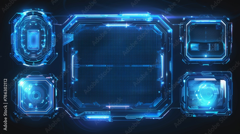 Aufkleber HUD PNG. An array of futuristic futuristic huds with light blue frames. Technological background. Light glass blue frames square, oval, rectangle, circle. HUD PNG.