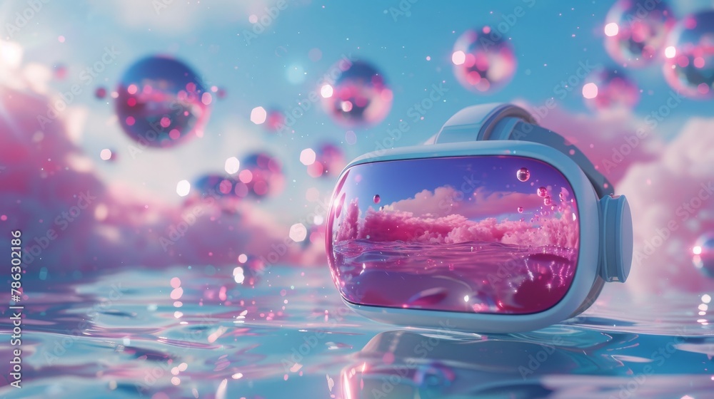 Aufkleber 3D render illustration of VR Metaverse next generation internet. Virtual reality headset with floating objects.