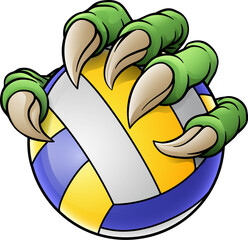 An eagle, dragon or dinosaur monster claw hand holding a volleyball volley ball illustration